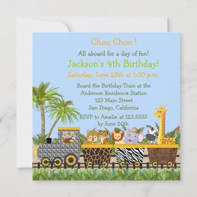 Safari Jungle Animals in Train Birthday Invitation (Front)