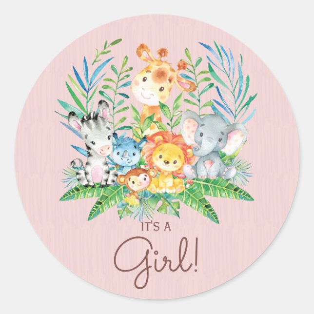 Safari Jungle Animals It' a Girl Favor Sticker (Front)
