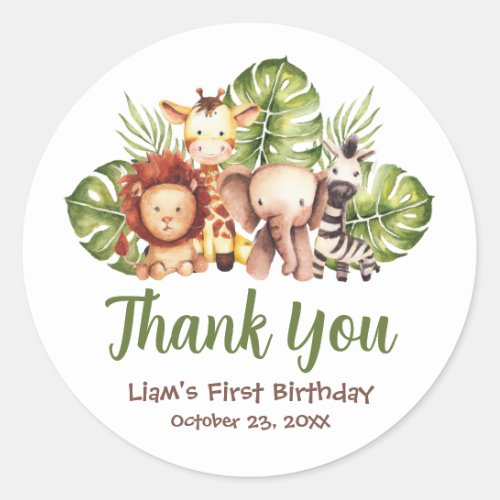 Safari Jungle Animals Leaves Thank You Birthday  Classic Round Sticker