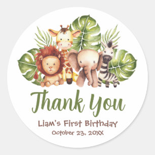 Safari Jungle Animals Leaves Thank You Birthday  Classic Round Sticker
