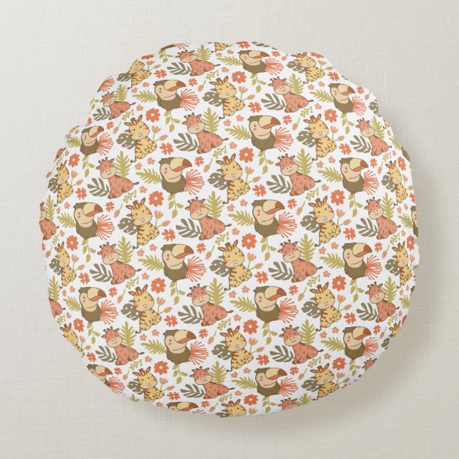 Safari Jungle Animals Pattern Round Pillow (Front)