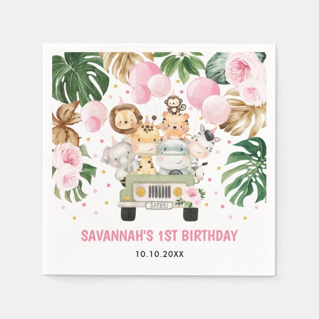 Safari Jungle Animals Pink Floral Girl Birthday Napkins (Front)