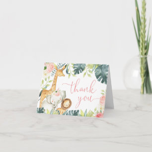 Safari jungle animals pink white floral watercolor letterpress thank you card