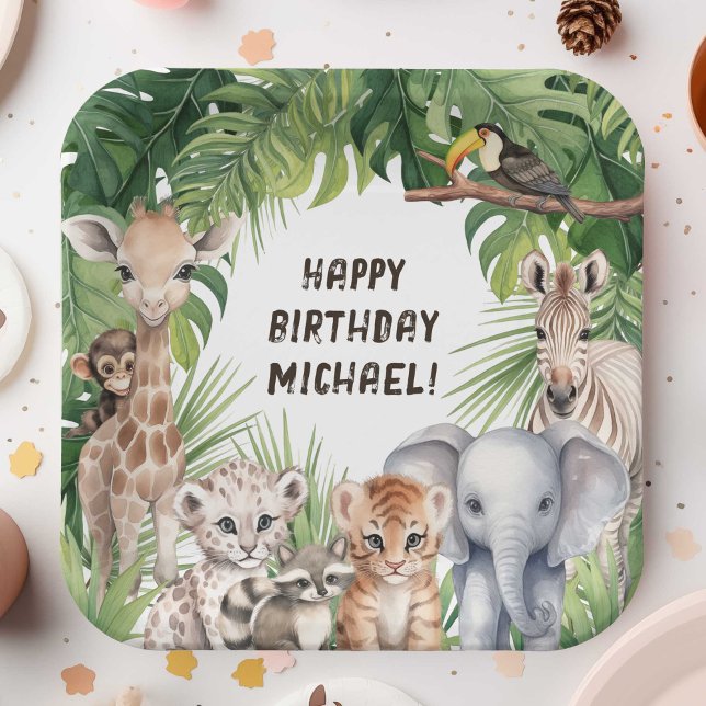 Safari Jungle Animals themed kids birthday Paper Plates (Two Wild Boy 2nd Birthday party paper plates, Safari Themed Jungle animals birthday plate.)