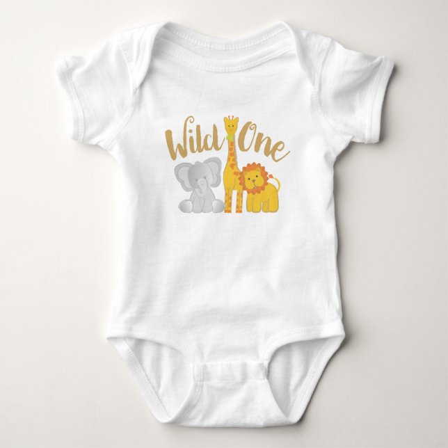 Safari Jungle Animals Wild One Birthday Baby Bodysuit (Front)