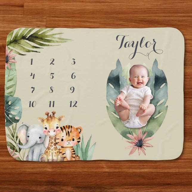 Safari Jungle Baby Monthly Milestone Picture Baby Blanket (Baby Milestone Growth Tracker Blanket for Monthly Photos Safari jungle Theme custom names Animals)