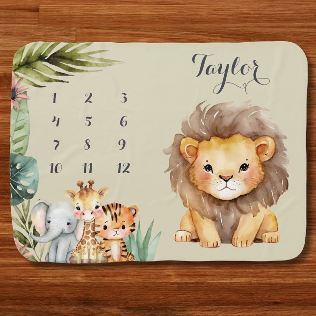 Safari Jungle Baby Monthly Milestone Picture Baby Blanket (Safari Jungle baby monthly milestone blanket growth tracker photo watercolor cute boy or girl)