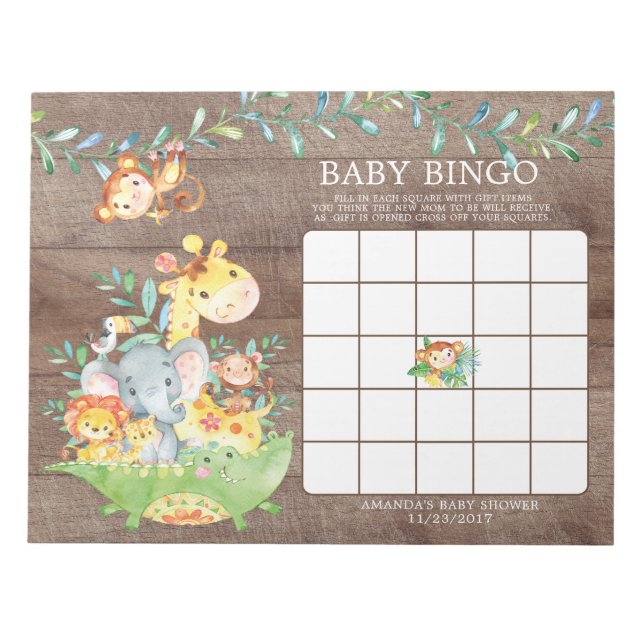 Safari Jungle Baby Shower Bingo Game Notepad (Front)