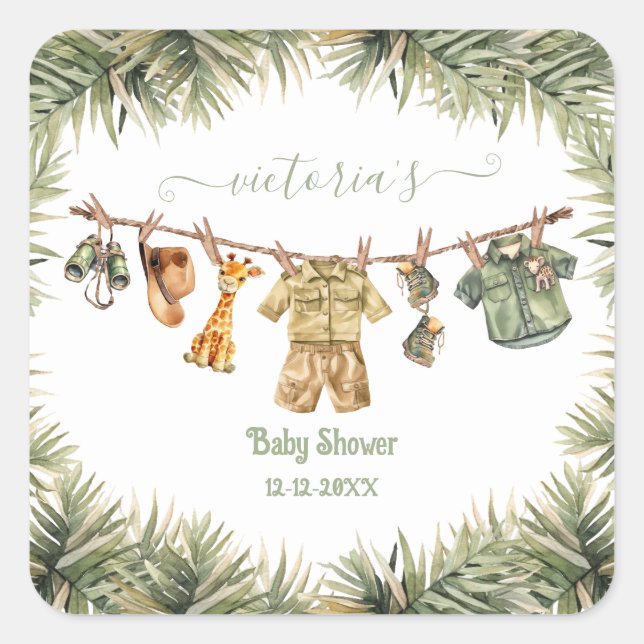 Safari Jungle Baby Shower Clothesline Square Sticker (Front)