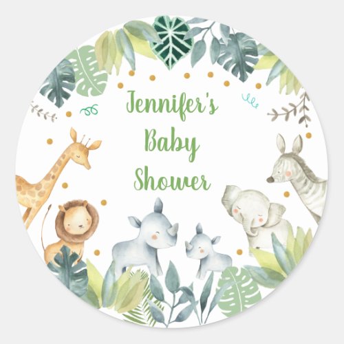 Safari Jungle Baby Shower Green  Gold Classic Round Sticker