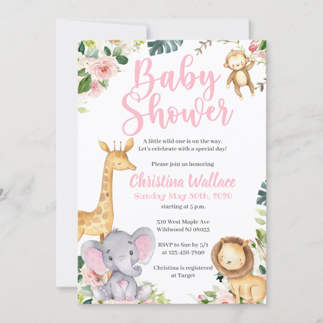 Safari Jungle Baby Shower Invitations for Girls (Front)