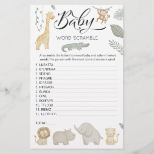 Safari Jungle Baby Shower Word Scramble Game Card