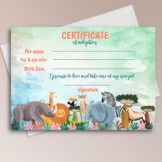 Safari jungle birthday animal adoption certificate invitation (Creator Uploaded)