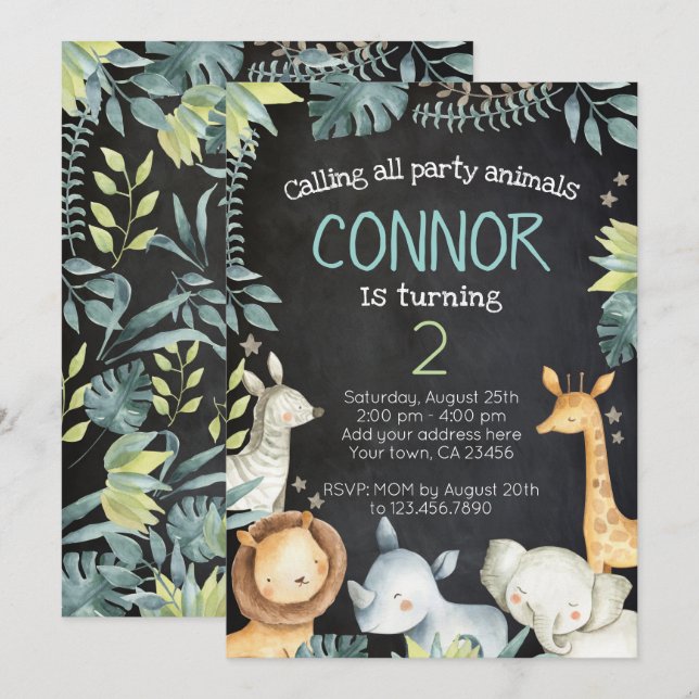 Safari Jungle Birthday Invitation, Chalkboard Invitation (Front/Back)