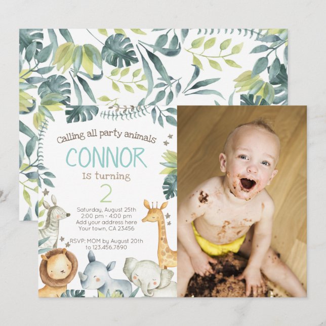 Safari Jungle Birthday Invitation with Photo (Front/Back)