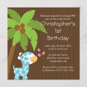 Safari Jungle Blue Giraffe Kid Birthday Party Invitation
