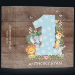 Safari Jungle Boys First Year Photo Album 3 Ring Binder<br><div class="desc">Cute safari jungle animals featuring a zebra,   elephant,  lion,  monkey & giraffe with an assortment of jungle leaves framing a big one set on a wood background.  Visit our shop to view our entire jungle safari birthday collection!</div>