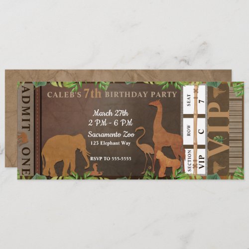 Safari Jungle Brown Animals Birthday Party Ticket Invitation