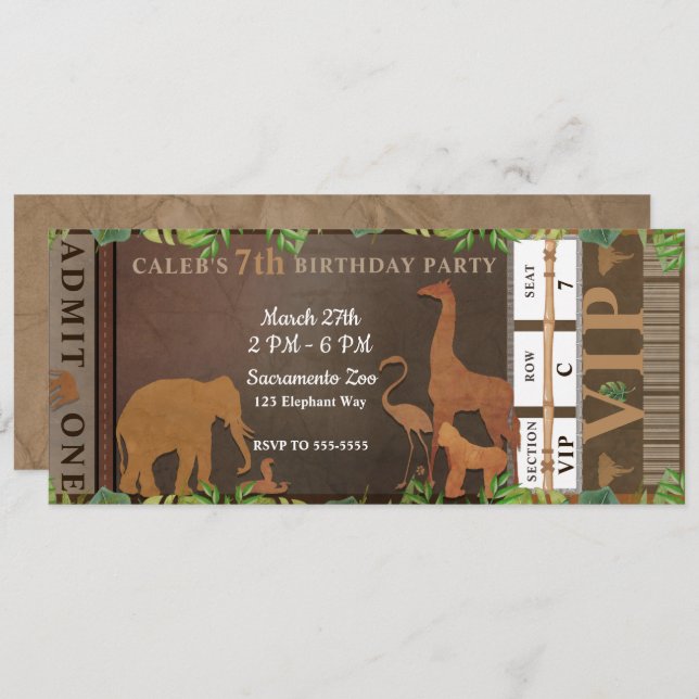 Safari Jungle Brown Animals Birthday Party Ticket Invitation (Front/Back)
