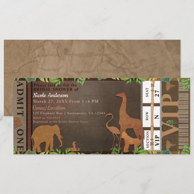 Safari Jungle Brown Animals Bridal Shower Ticket Invitation (Front/Back)