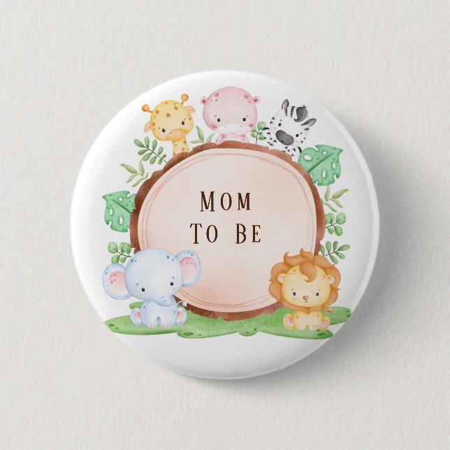 Safari Jungle Cartoon Animal Baby Shower Mom To Be Button (Front)