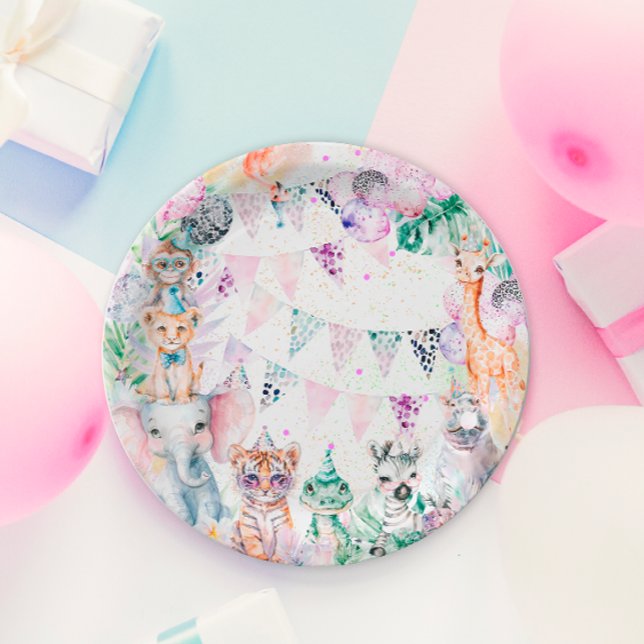 Safari Jungle Cute Animals Girl Birthday Paper Plates (Creator Uploaded)