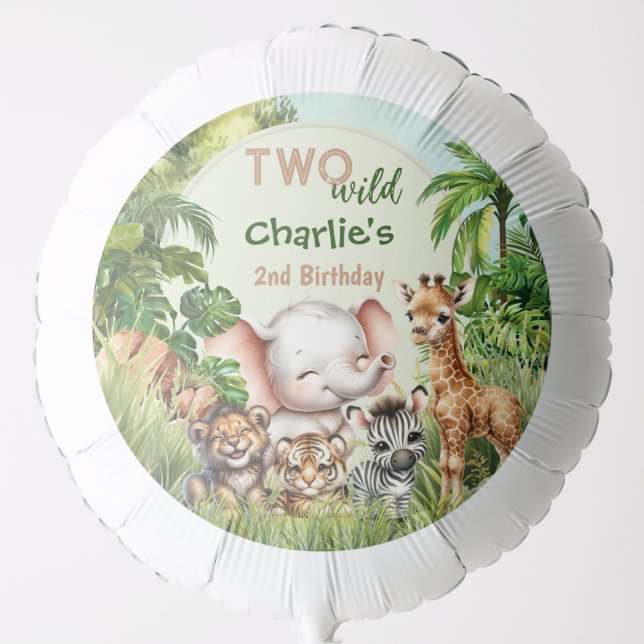 Safari Jungle Cute Animals Two Wild 2nd Birthday Balloon (Front)