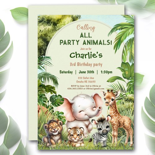 Safari Jungle Cute Animals Wild Boy Birthday Invitation