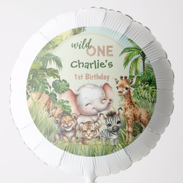 Safari Jungle Cute Animals Wild One 1st Birthday Balloon (Front)
