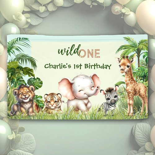 Safari Jungle Cute Animals Wild One 1st Birthday Banner