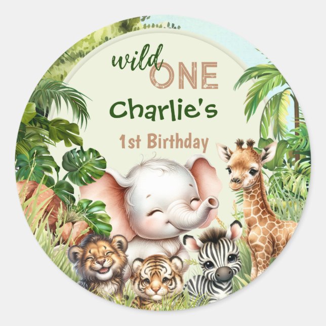 Safari Jungle Cute Animals Wild One 1st Birthday Classic Round Sticker (Front)