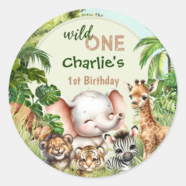 Safari Jungle Cute Animals Wild One 1st Birthday Classic Round Sticker ...