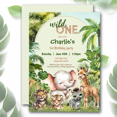 Safari Jungle Cute Animals Wild One 1st Birthday Invitation
