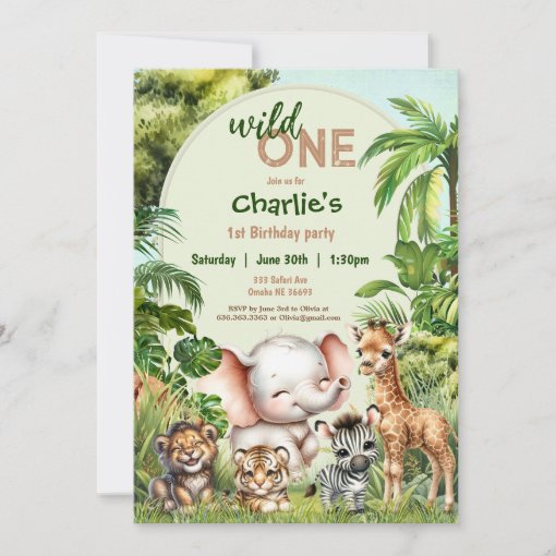 Wild One First Birthday Invitations – Cute Safari Animals – Set Of 10
