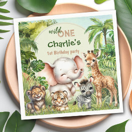 Safari Jungle Cute Animals Wild One 1st Birthday Napkins
