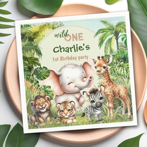 Safari Jungle Cute Animals Wild One 1st Birthday Napkins