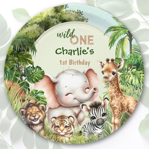 Safari Jungle Cute Animals Wild One 1st Birthday Paper Plates