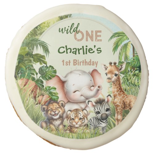 Safari Jungle Cute Animals Wild One 1st Birthday Sugar Cookie