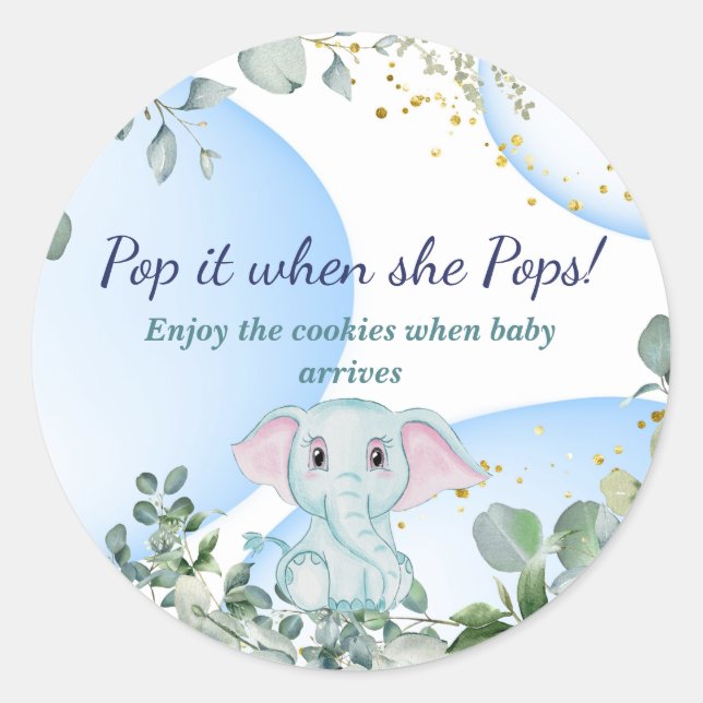 Safari Jungle Cute Elephant Eucalyptus Blue Baby Classic Round Sticker (Front)