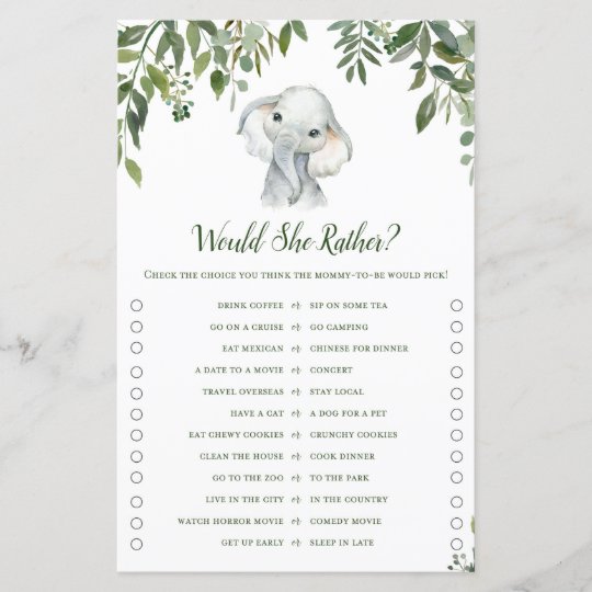 Safari Jungle Elephant Baby Shower Game PRINTED