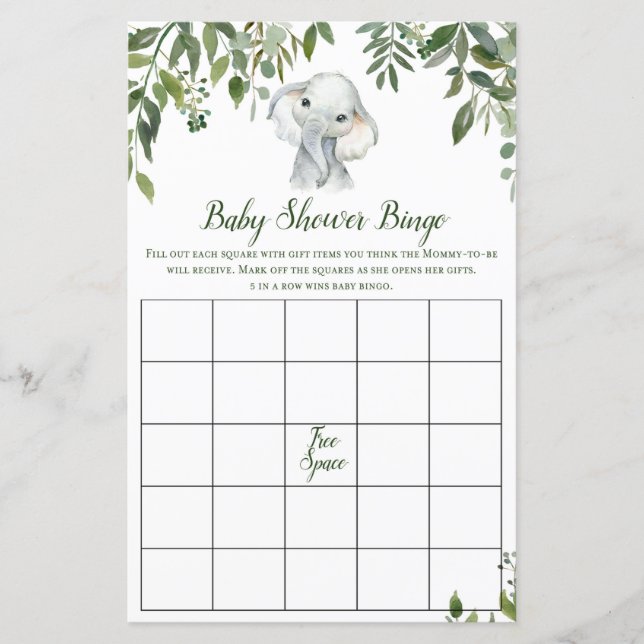 Safari Jungle Elephant Baby Shower Game PRINTED (Front)
