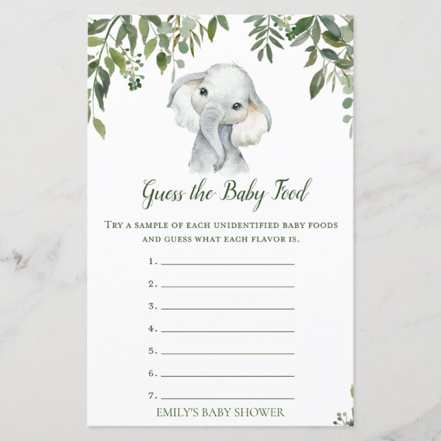 Safari Jungle Elephant Baby Shower Game PRINTED (Front)