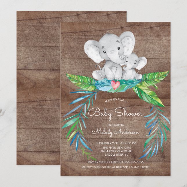 Safari Jungle Elephant Boys Baby Shower Invitation (Front/Back)