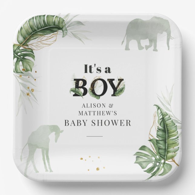 Safari Jungle Elephant Giraffe Boy Baby Shower Paper Plates (Front)