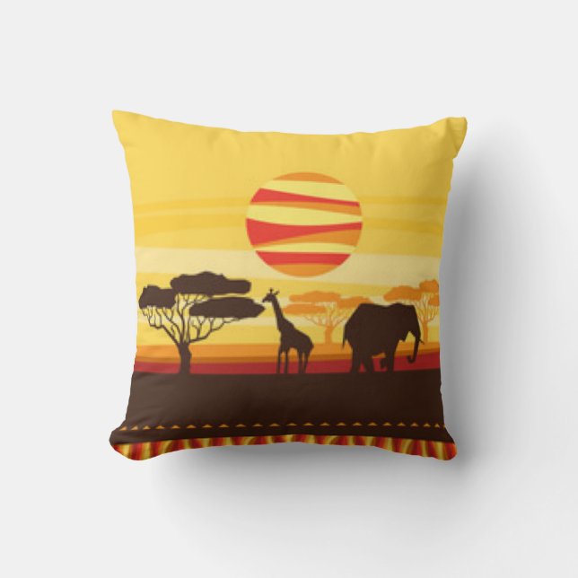 Safari Jungle Elephant Giraffe Sunset Throw Pillow (Front)