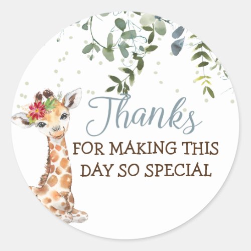 Safari Jungle Giraffe Blue Gray Thank You Classic Round Sticker