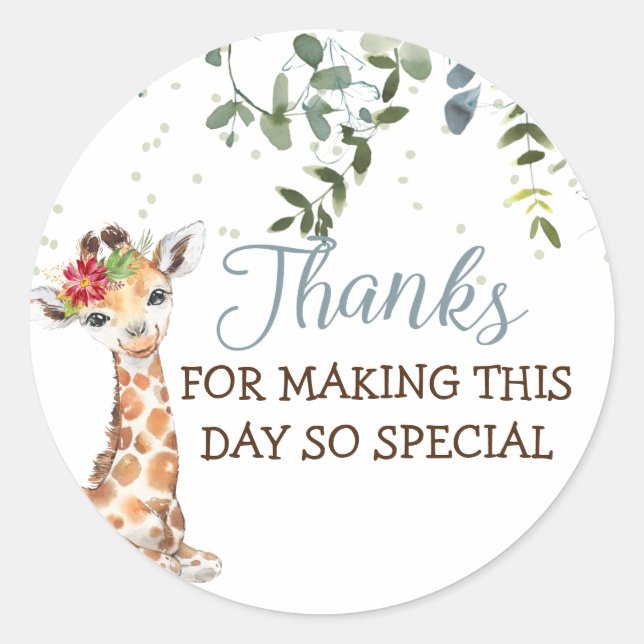 Safari Jungle Giraffe Blue Gray Thank You Classic Round Sticker (Front)