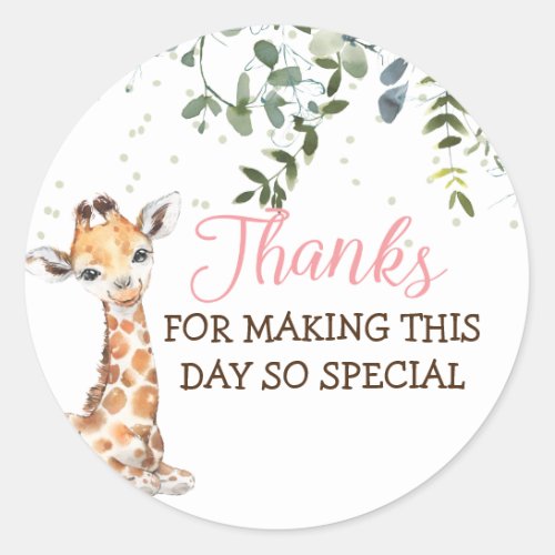Safari Jungle Giraffe Pink Thank You Classic Round Sticker