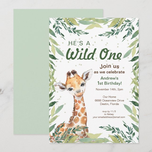 Safari Jungle Giraffe Wild One 1st Birthday Party Invitation (Front/Back)