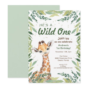 Safari Jungle Giraffe Wild One 1st Birthday Party Invitation